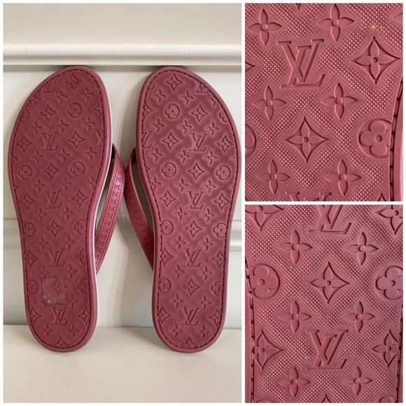 Auth Louis Vuitton Rose Pink Monogram Embossed Rubber Flip Flop Sandals 37.5/7.5 - Picture 8 of 12